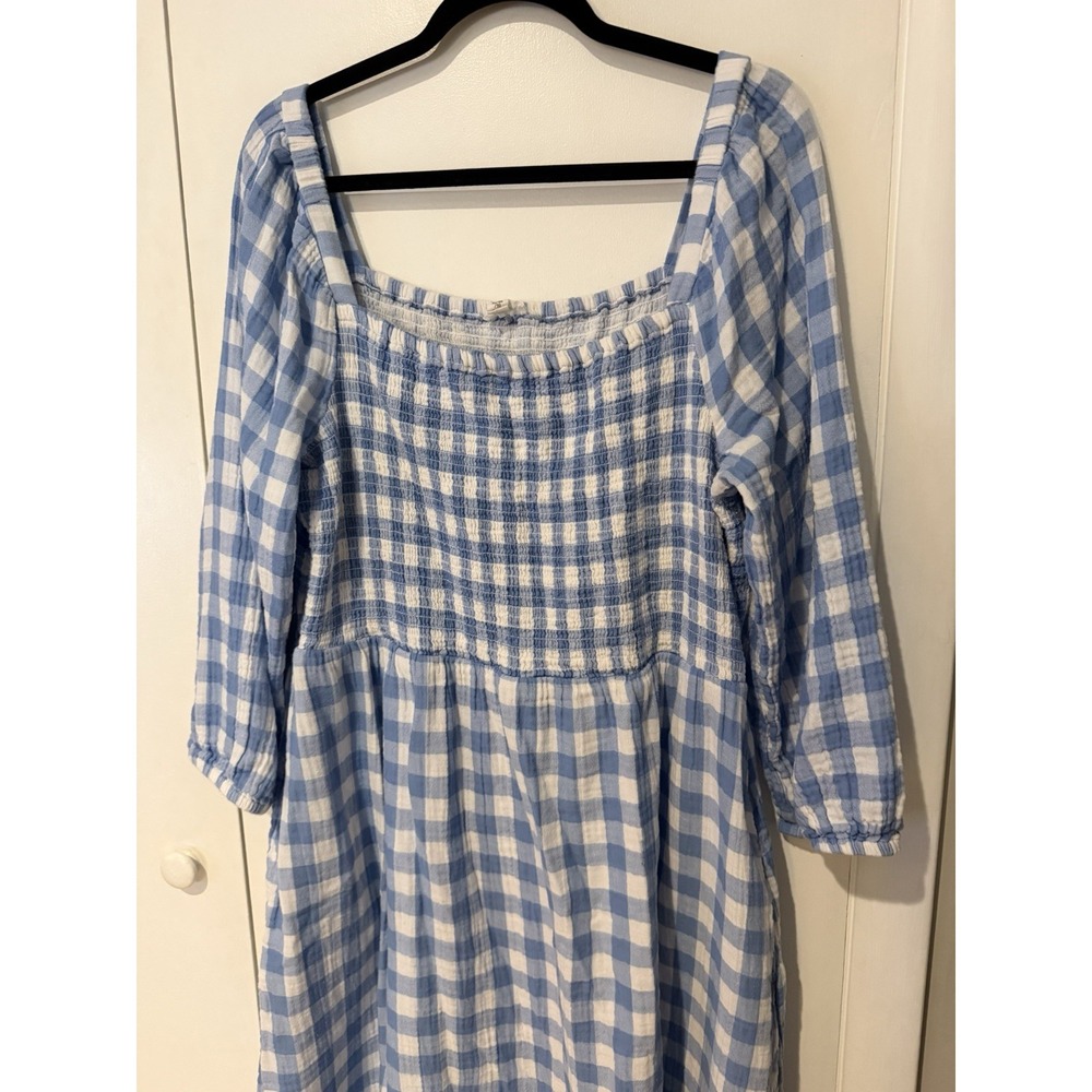 Beach Lunch Lounge Blue Gingham Cotton Gauze Midi Dress XL Smocked Cottagecore